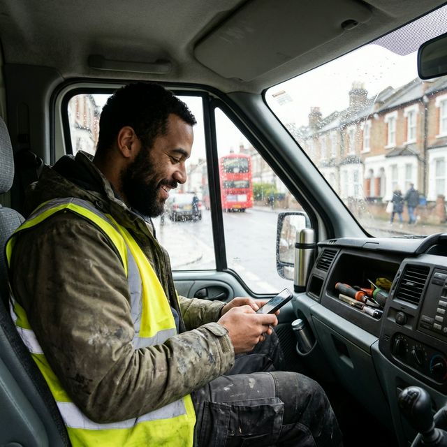 Builder in van checking phone