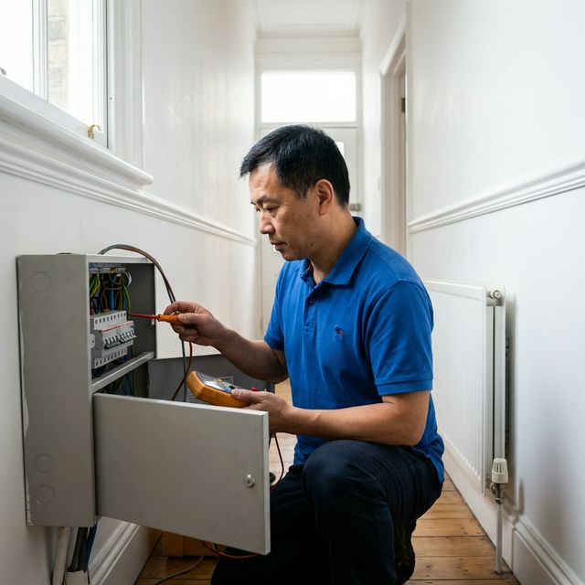 Electrician at fuse box