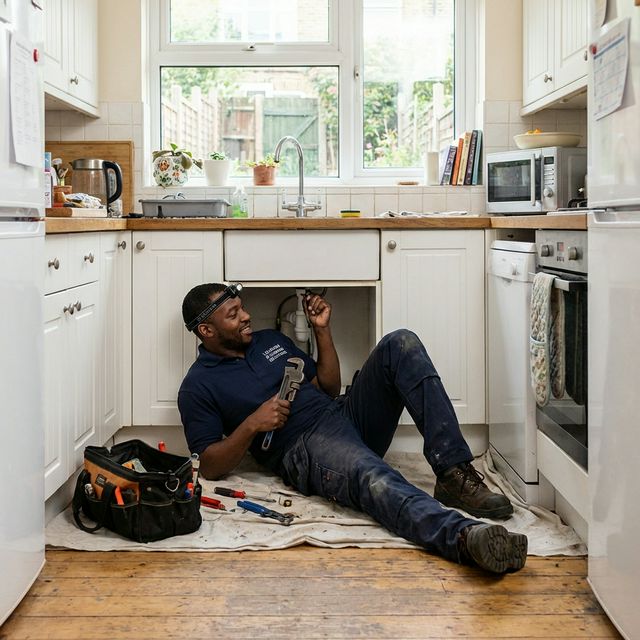 Plumber working under sink