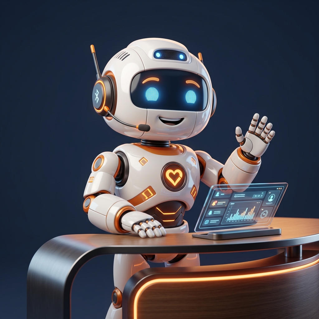 A cute playful friendly AI robot wearing a Bluetooth customer service headset